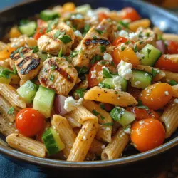 Welcome to the flavorful world of Mediterranean cuisine with our vibrant recipe for Mediterranean Bliss: Grilled Chicken Greek Pasta Salad. This dish exemplifies the fresh, wholesome ingredients that characterize Mediterranean cooking, making it as nutritious as it is delicious. Picture a colorful medley of grilled chicken, crisp vegetables, and whole wheat pasta, all brought together by a zesty dressing. This salad is perfect for a variety of occasions, whether you’re hosting a summer barbecue, prepping meals for the week, or simply enjoying a hearty family dinner.