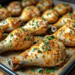 When it comes to comfort food that is both delicious and easy to prepare, Savory Parmesan Herb Baked Chicken Drumsticks stand out as a crowd-pleaser. This dish combines the irresistible crunch of a perfectly baked exterior with the succulent juiciness of chicken meat, making it ideal for family dinners, casual gatherings, or even meal prep for the week ahead. The star of this recipe is the rich flavor of Parmesan cheese, complemented by a medley of herbs and spices that elevate the taste profile.