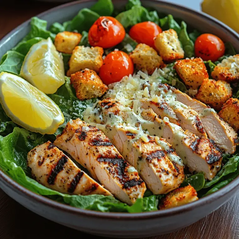Imagine sitting down to a vibrant plate of Crispy Grilled Chicken Caesar Salad, where the colors and aromas come together in a delightful feast for the senses. This dish is not just any salad; it’s a perfect blend of crispy textures, savory flavors, and fresh ingredients that turn a simple meal into a satisfying experience. The combination of juicy grilled chicken, crisp Romaine lettuce, and rich Caesar dressing offers a balanced meal that is both healthy and indulgent. Whether you’re looking for a hearty lunch or a light dinner option, this salad is versatile enough to suit any occasion—be it a casual gathering with friends or a special family dinner.