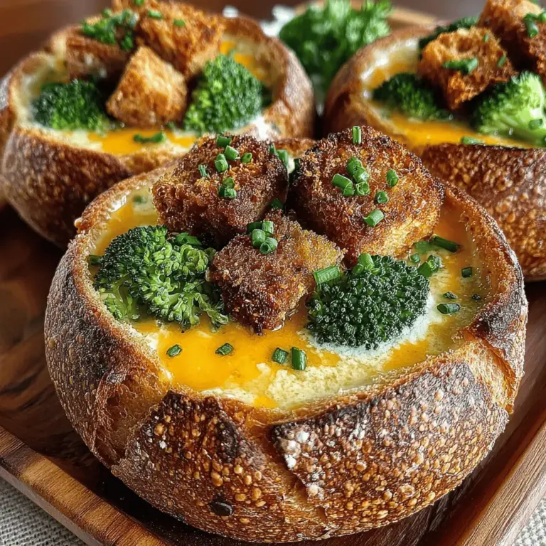 If you're looking for a delightful way to warm your soul on a chilly day, look no further than Cheddar Broccoli Soup served in edible bread bowls. This comforting dish combines the rich creaminess of cheddar cheese with the vibrant, earthy flavors of broccoli, creating a symphony of taste that is both satisfying and nourishing. Beyond its delicious profile, the novelty of serving this soup in bread bowls adds an exciting twist, making it not just a meal but an experience.