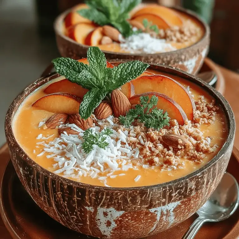 Once you have blended your Peach Mango Paradise Smoothie to a creamy consistency, it's time to prepare your bowl for an inviting presentation. Pour the smoothie mixture into a bowl, filling it about three-quarters full to leave ample space for toppings. To achieve an aesthetically pleasing look, use a spoon to gently spread the smoothie mixture evenly across the surface, ensuring it reaches the edges of the bowl. This not only enhances the visual appeal but also helps create a base for the toppings you’ll add later.
