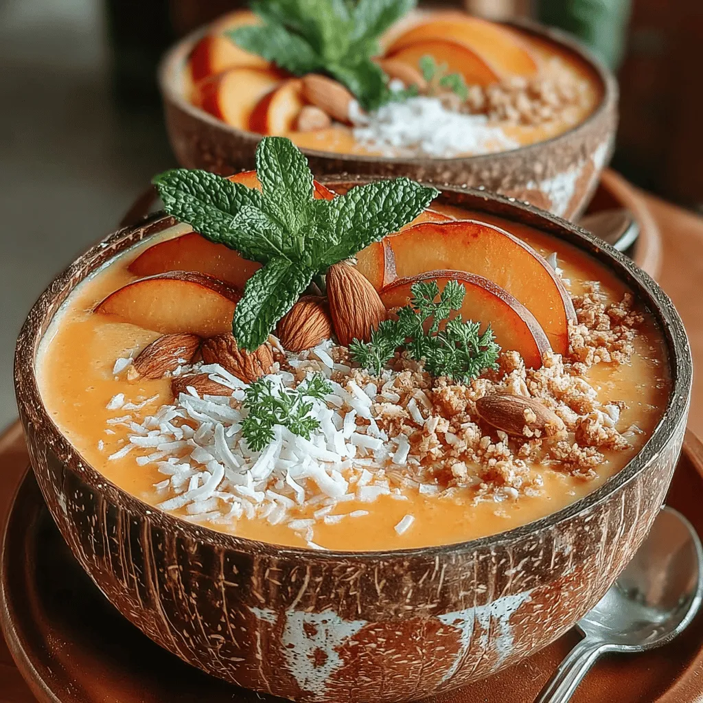 Once you have blended your Peach Mango Paradise Smoothie to a creamy consistency, it's time to prepare your bowl for an inviting presentation. Pour the smoothie mixture into a bowl, filling it about three-quarters full to leave ample space for toppings. To achieve an aesthetically pleasing look, use a spoon to gently spread the smoothie mixture evenly across the surface, ensuring it reaches the edges of the bowl. This not only enhances the visual appeal but also helps create a base for the toppings you’ll add later.