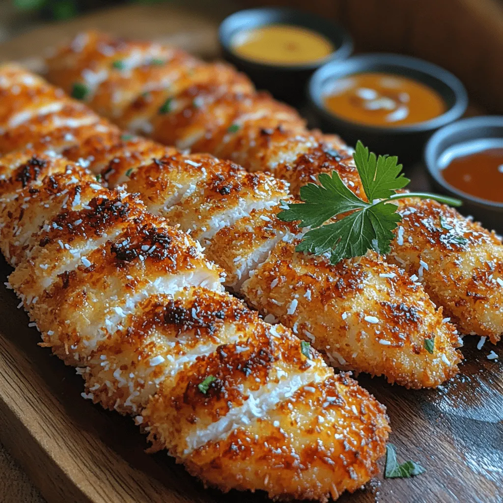 The coating of your coconut chicken strips is crucial for achieving that delightful crunch we all crave. The blend of coconut flakes and breadcrumbs not only adds flavor but also contributes to the texture. As the chicken cooks, moisture is drawn out, and the coating forms a crust. This process is known as the Maillard reaction, where proteins and sugars react under heat, resulting in that golden-brown color and crispy texture. To ensure your coating adheres properly and achieves optimal crispiness, it's essential to follow the breading process meticulously, allowing the eggs to bind the dry ingredients to the chicken effectively.