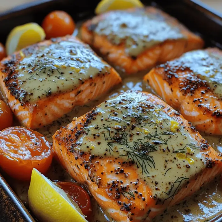Adding cherry tomatoes to your Creamy Lemon Dill Salmon Bake not only enhances the dish’s flavor profile but also introduces a vibrant splash of color. These small, juicy tomatoes burst with sweetness when cooked, providing a delightful contrast to the savory richness of the salmon and the tangy cream sauce. When roasted alongside the salmon, the cherry tomatoes soften and caramelize, enriching the overall flavor of the dish. Their acidity balances the creaminess, making each bite of the salmon even more satisfying.