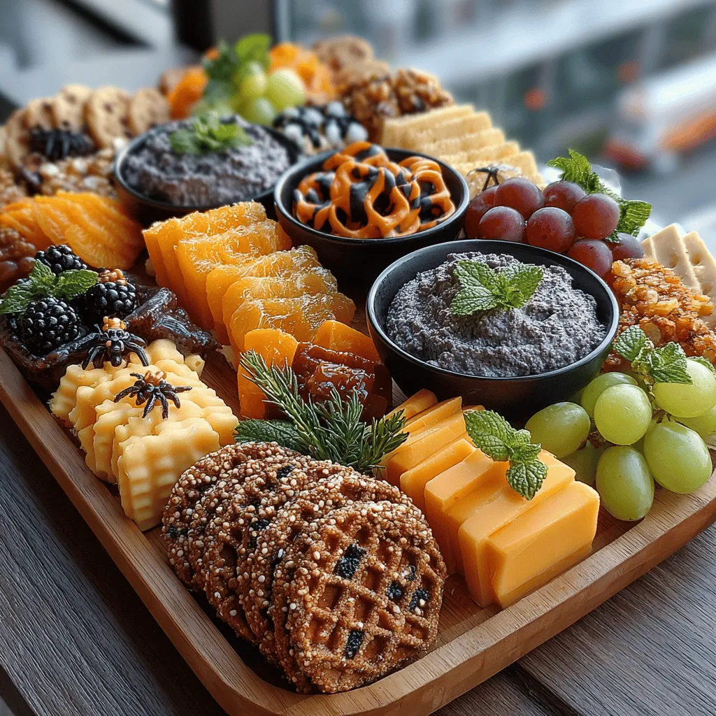 To elevate your Halloween charcuterie board, consider garnishing with fresh herbs. Not only do herbs add a burst of flavor, but they also enhance the visual appeal of your spread. Fresh basil, rosemary, and parsley can create a lush, eerie look, reminiscent of a witch's garden. Place small sprigs around the board or tuck them in between treats for a whimsical touch. For an extra spooky vibe, consider using black licorice vines or edible flowers to mimic cobwebs or other Halloween motifs.