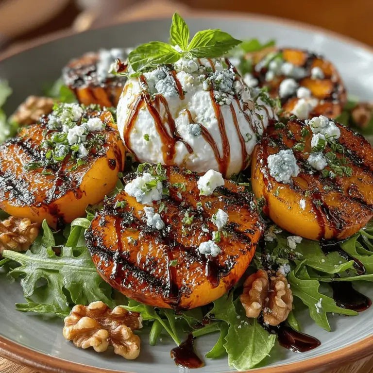 As the sun shines brightly in the summer sky, it beckons a medley of fresh flavors and vibrant colors that are perfect for outdoor dining. One dish that embodies this seasonal essence is the Sun-Kissed Grilled Peach and Burrata Salad. This delightful salad is a harmonious blend of sweet, juicy peaches, creamy burrata cheese, peppery greens, and crunchy walnuts, all drizzled with a rich balsamic glaze. Each bite offers a symphony of textures and tastes, making it not only a feast for the palate but also for the eyes.