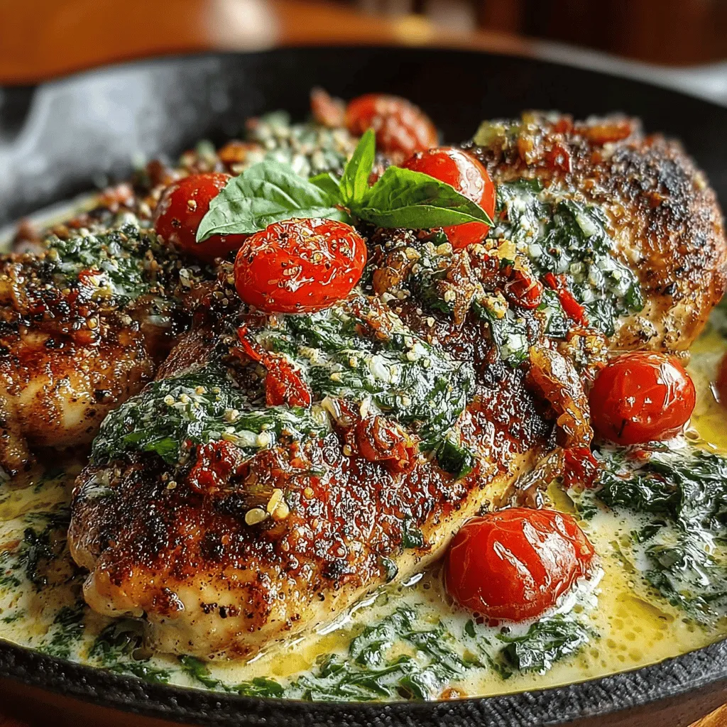 <strong>Introduction</strong>” /></p>
</p>
<h2>Tips for Ensuring Chicken is Cooked to Perfection</h2>
</p>
<p>Cooking chicken to perfection is critical, especially in a dish like Creamy Garlic Tuscan Chicken, where the texture and flavor of the chicken play a major role. Here are some essential tips:</p>
</p>
<p>1. <strong>Choose the Right Cut</strong>: For this recipe, boneless, skinless chicken breasts or thighs work best. Thighs tend to be juicier, while breasts are leaner.</p>
</p>
<p>2. <strong>Pound the Chicken</strong>: To ensure even cooking, consider pounding the chicken to a uniform thickness. This helps it cook evenly and reduces the risk of drying out.</p>
</p>
<p>3. <strong>Use a Meat Thermometer</strong>: The best way to ensure your chicken is cooked through is to use a meat thermometer. You should aim for an internal temperature of 165°F (75°C). Inserting the thermometer into the thickest part of the chicken will give you the most accurate reading.</p>
</p>
<p>4. <strong>Resting Time</strong>: After cooking, allow the chicken to rest for about 5 minutes before slicing. This step is vital as it lets the juices redistribute throughout the meat, resulting in a more succulent dish.</p>
</p>
<h2>How to Tell When Vegetables Are Done</h2>
</p>
<p>While the chicken cooks, you’ll also be sautéing vegetables. Here’s how to determine when they’re perfectly cooked:</p>
</p>
<p>1. <strong>Color and Texture</strong>: Vegetables like spinach should turn vibrant green and wilt slightly, while tomatoes should soften and release their juices. The garlic should become fragrant but not burned.</p>
</p>
<p>2. <strong>Taste Test</strong>: The best way to know if your vegetables are done is to taste them. They should be tender but still retain some crunch, especially for heartier vegetables like bell peppers.</p>
</p>
<p>3. <strong>Timing</strong>: In a hot skillet, spinach wilts in 2-3 minutes, while tomatoes take about 5-7 minutes to soften adequately. Keep an eye on them to avoid overcooking.</p>
</p>
<h2>Flavor Profile and Pairing Suggestions</h2>
</p>
<h3>In-Depth Analysis of the Flavor Profile</h3>
</p>
<p>Creamy Garlic Tuscan Chicken is a delightful fusion of flavors that tantalizes the palate. The rich creaminess from the sauce is beautifully balanced by the acidity from the tomatoes, creating a harmonious dish.</p>
</p>
<p>1. <strong>Creaminess</strong>: The sauce, typically made with heavy cream or a dairy-free alternative, provides a velvety texture that coats the chicken and vegetables. This richness is essential for the overall mouthfeel of the dish.</p>
</p>
<p>2. <strong>Acidity from Tomatoes</strong>: The tomatoes add a refreshing burst of acidity, cutting through the creaminess and providing a bright contrast that enhances the chicken’s flavor.</p>
</p>
<p>3. <strong>Depth from Garlic and Herbs</strong>: The sautéed garlic brings a savory depth, while the fresh herbs, typically basil or parsley, add a fragrant note that elevates the entire dish.</p>
</p>
<h3>Suggestions for Sides that Complement the Dish</h3>
</p>
<p>To create a well-rounded meal, consider these pairing suggestions:</p>
</p>
<p>– <strong>Pasta Options</strong>: A light pasta like angel hair or fettuccine is perfect for soaking up the creamy sauce. For a twist, try whole wheat or zucchini noodles for a healthier option. Pair with a light garlic or herb-infused olive oil sauce to complement the chicken.</p>
</p>
<p>– <strong>Rice Variations</strong>: Serve the chicken over a bed of jasmine or basmati rice for a fulfilling meal. For low-carb options, cauliflower rice provides a fantastic alternative that absorbs the flavors of the sauce beautifully.</p>
</p>
<p>– <strong>Vegetable Sides</strong>: Roasted asparagus, sautéed green beans, or a fresh arugula salad can add balance and nutrition to your plate. The slight bitterness of greens contrasts nicely with the dish’s richness.</p>
</p>
<h2>Nutritional Information</h2>
</p>
<p>For those mindful of their dietary intake, here’s a breakdown of the nutritional values per serving of Creamy Garlic Tuscan Chicken:</p>
</p>
<p>– <strong>Calories</strong>: Approximately 450 calories</p>
<p>– <strong>Fats</strong>: 25g (mostly from cream and olive oil)</p>
<p>– <strong>Proteins</strong>: 35g (lean protein from chicken)</p>
<p>– <strong>Carbohydrates</strong>: 10g (from vegetables)</p>
</p>
<h3>Discussion of Health Benefits Associated with the Ingredients</h3>
</p>
<p>1. <strong>Lean Protein from Chicken</strong>: Chicken is an excellent source of lean protein, which is essential for muscle repair and growth, as well as overall health.</p>
</p>
<p>2. <strong>Nutrients Found in Spinach and Tomatoes</strong>: Spinach is rich in iron and vitamins A and C, while tomatoes provide lycopene, an antioxidant linked to various health benefits, including heart health.</p>
</p>
<h2>Cooking for Dietary Needs</h2>
</p>
<h3>Adaptations for Common Dietary Restrictions</h3>
</p>
<p>1. <strong>Gluten-Free Options</strong>: This recipe is naturally gluten-free. Just ensure that any pasta or rice you choose is certified gluten-free.</p>
</p>
<p>2. <strong>Dairy-Free Alternatives for the Sauce</strong>: For a dairy-free version, replace heavy cream with coconut cream or cashew cream. Both options maintain a creamy texture without the dairy.</p>
</p>
<p>3. <strong>Low-Carb Variations</strong>: To reduce carbohydrates, skip the pasta and serve the chicken over sautéed zucchini noodles or cauliflower rice.</p>
</p>
<h2>Serving Suggestions and Presentation</h2>
</p>
<p>Creating an inviting presentation enhances the dining experience. Here are some ideas for serving Creamy Garlic Tuscan Chicken:</p>
</p>
<p>1. <strong>Plating Techniques</strong>: Use a large white plate to showcase the vibrant colors of the dish. Place the chicken in the center, spoon the creamy sauce over it, and arrange the sautéed vegetables artfully around.</p>
</p>
<p>2. <strong>Garnishing Tips</strong>: Fresh herbs like chopped parsley or basil can add a pop of color and freshness. A sprinkle of grated Parmesan (or nutritional yeast for a dairy-free option) can add an extra layer of flavor.</p>
</p>
<p>3. <strong>Creating a Complete Meal Experience</strong>: Serve with a slice of crusty bread to mop up the sauce or a glass of crisp white wine like Sauvignon Blanc, which complements the dish’s creaminess and acidity.</p>
</p>
<h2>Conclusion</h2>
</p>
<p>In summary, this 30-Minute Creamy Garlic Tuscan Chicken is not only quick and easy to make, but it also offers a delightful explosion of flavors that makes it perfect for a weeknight dinner. From the tender chicken to the creamy, herb-infused sauce, every bite is a reminder of why this dish has become a favorite among home cooks.</p>
</p>
<p>Encouragement to try this dish lies in its versatility; it can be adapted to suit various dietary needs while still delivering on taste. Whether you choose to pair it with pasta, rice, or simply enjoy it on its own, this recipe is bound to impress. With its blend of richness, acidity, and herbaceous notes, you’ll find that Creamy Garlic Tuscan Chicken is not just a meal but a culinary experience that brings comfort and satisfaction to your table.</p>
</div>