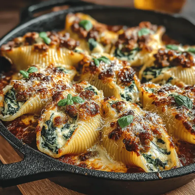 Savory Sausage and Spinach Stuffed Shells are not just a dish; they are a culinary experience that embodies comfort and satisfaction. Perfectly sized pasta shells are generously filled with a rich and flavorful mixture of seasoned sausage and vibrant spinach, all topped with a luscious marinara sauce and gooey cheese. This dish appeals to both the eyes and the palate, making it an irresistible option for family dinners or gatherings with friends. The combination of hearty sausage, fresh spinach, and melty cheese creates a balance of flavors that is both savory and satisfying.